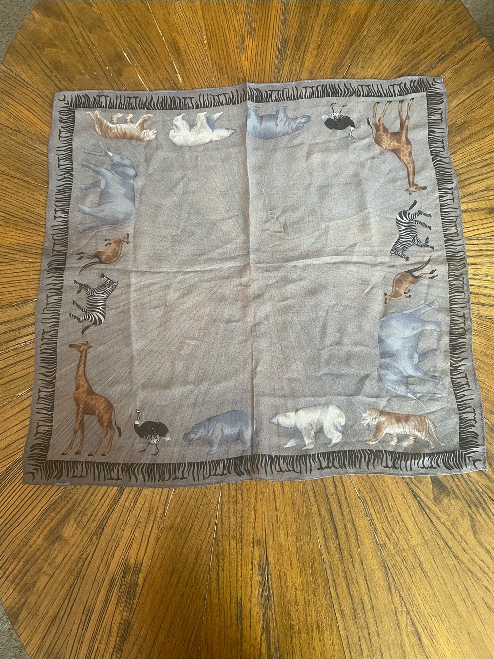 Vintage Gray Animal Border Silk Scarf - Unbranded